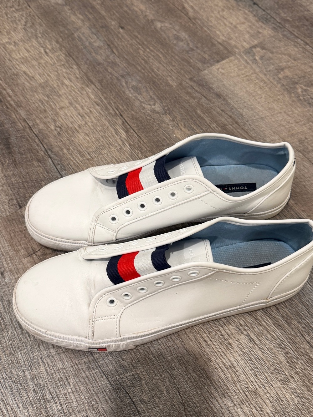 Tommy Hilfiger White Leather Slip-On Sneakers with Red & Navy Stripes